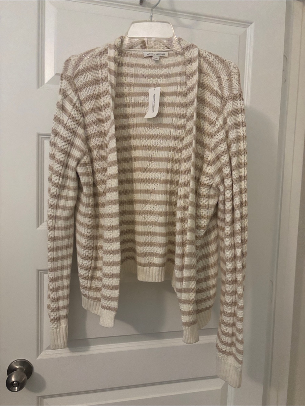 Banana Republic Cable Knit Open-Front Cream & Tan Striped Cotton Cardigan SZ XL